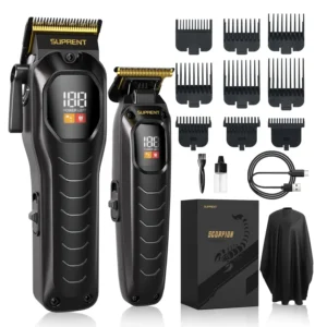 This professional SUPRENT hair clipper kit includes a cordless hair trimmer with a heavy-duty motor, self-sharpening blades, multiple attachment combs, LED display, and zero-gapped design for fades and beard shaping.
