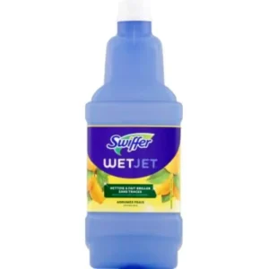 This is a bottle of Swiffer WetJet Multi-Purpose floor cleaner refill, designed to trap dirt and safely clean all floor types with an Open Window Fresh scent.