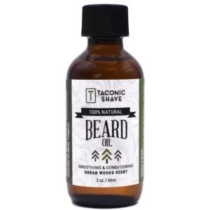 A two-ounce bottle of Taconic Shave beard oil, made in the USA with natural and organic ingredients to condition and soften your beard.