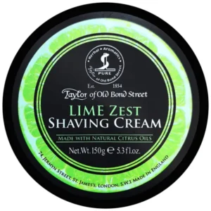 A bowl of Taylor of Old Bond Street lime zest shaving cream offering a fresh citrus fragrance and minimizing skin irritation for up to 100 shaves.