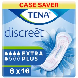 Ninety-six individually wrapped TENA Lady Extra Plus incontinence pads offering triple protection from leaks, moisture, and odors for women experiencing medium to heavy bladder weakness.