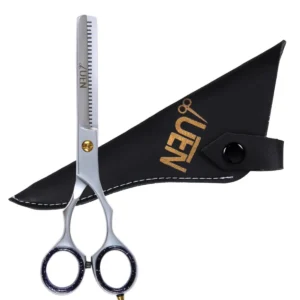 Professional thinning shears with stainless steel construction and ergonomic design, ideal for texturizing hair at home or in the salon.