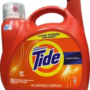 A large bottle of Tide HE Original liquid laundry detergent, offering 146 loads and 6x the cleaning power in half the time, and is safe for HE washing machines.