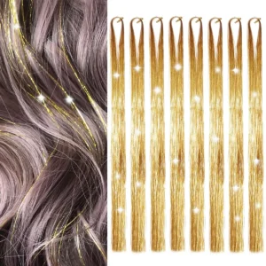 Eight packs of fifty-inch heat resistant tinsel hair extensions in various colors to add shine and sparkle to your hair.