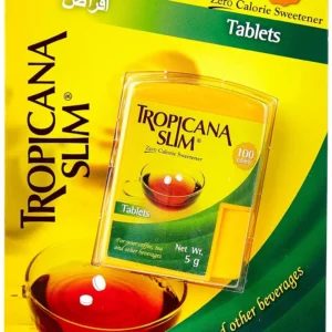 Close-up of Tropicana Slim zero-calorie sweetener tablets, a smooth, sugar-free, saccharin-free, and preservative-free option with no bitter aftertaste.