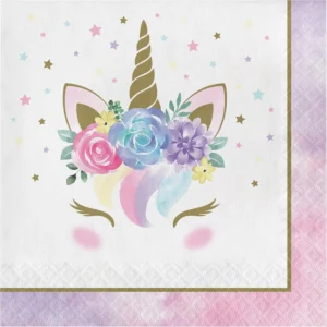 A pack of 16 floral unicorn baby shower napkins, featuring a dreamy unicorn character and soft pastel gold accents.