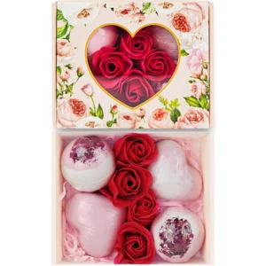 This Valentine bath bomb gift set for women includes handmade, organic bath balls with romantic rose, heart, and flower shapes for a relaxing and scented bubble bath experience.