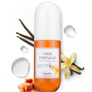 A travel-size vanilla and cocoa hair perfume spray infused with pheromones, offering long-lasting fragrance, frizz control, and shine for daily hair repair.