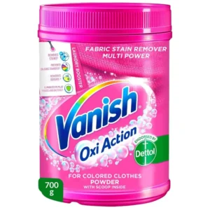 Vanish Oxi Action stain remover powder eliminates stains, prevents color transfer, removes odors, and eliminates 99.9% of viruses and bacteria from colored and white clothes.
