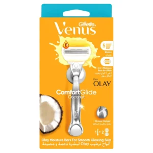 Venus Comfortglide Coconut women's razor with Olay moisture bars, five diamond-like coated blades, a metal handle, and two blade refills with shower hanger.