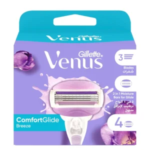 Four Venus ComfortGlide Breeze razor refill cartridges with flexible moisture bars and three blades for a smooth shave.