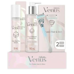 Gillette Venus pubic hair shaving kit for women includes a razor handle, blade refills, cleanser, shave gel, and soothing serum for a comfortable, irritation-free shave.