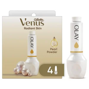 Four Venus Radiant Skin razor refills with Olay Pearl Powder moisturizer and a floral scent, designed to leave skin feeling fresh and smooth.