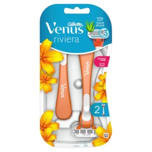 This image shows the Venus Riviera disposable razor with three blades, soft protective cushions, aloe moisture strips, and a fresh-scented, non-slip handle for a comfortable and smooth shave.