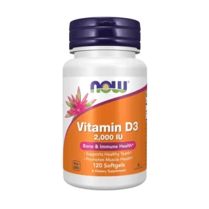 Now Foods Vitamin D3 2000 IU softgels support a healthy immune system and help maintain strong bones, packaged in the USA.