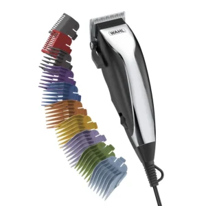 This Wahl haircutting kit includes a corded clipper with an adjustable taper lever, ten color-coded guide combs, and helpful accessories for achieving professional-quality haircuts at home.