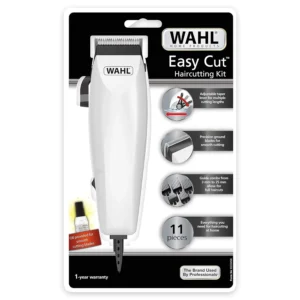 The WAHL Easy Cut hair clipper kit features self-sharpening blades, an adjustable taper lever, and six guide combs for achieving various cutting lengths and professional-style haircuts at home.
