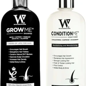 Watermans Grow Me shampoo and conditioner set promotes hair growth, combats thinning, and is safe for color-treated hair, making it a perfect solution for both women and men.