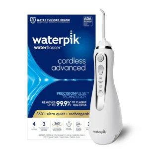 This is a white Waterpik cordless water flosser, a rechargeable and portable oral irrigator perfect for travel and home use, featuring a 360-degree rotating tip and USB magnetic charger.
