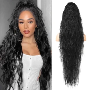 This 31-inch black wavy ponytail extension instantly adds volume and length with its soft, natural-looking mermaid waves.