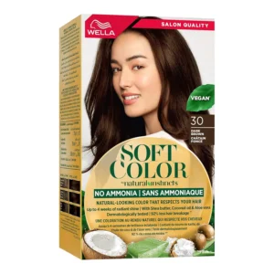 Wella Soft Color 30 Dark Brown hair color kit provides radiant shine and harmonious grey coverage with 99% shea butter, coconut oil, and aloe vera for 90% less breakage.
