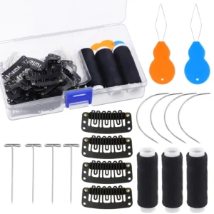 This wig making kit includes U-shape snap clips, curved needles, T-pins, black weaving thread, and needle threader for creating and securing hair extensions and wigs.