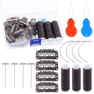 This 87-piece wig making kit includes dark brown U-shape snap clips, curved needles, T-pins, weaving thread, and needle threaders for creating hair extensions.