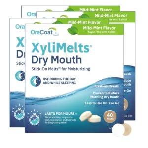 Four packs of Oracoat XyliMelts in mild mint flavor offer vegan, gluten-free, and dairy-free dry mouth relief.