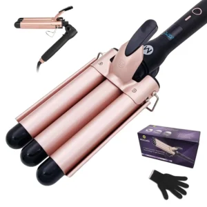 This foldable gold 3 barrel hair curler wand creates natural wave curls and is perfect for travel with its dual voltage design.