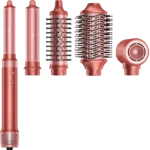 This 5-in-1 airstyler includes a curling iron car wrap and high-speed ion hair dryer for quick, damage-free styling, fluffy curls, and silky hair, packaged in a convenient travel bag.