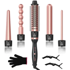 This 5 in 1 curling iron set features a curling brush and four interchangeable ceramic barrels for creating versatile long-lasting curls at home.