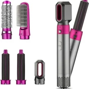 This pink 5-in-1 hair styler features a rotating design with attachments for drying, straightening, combing, and curling to create various hairstyles.