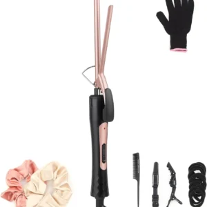 This 9mm ceramic curling iron creates tight, long-lasting curls for both short and long hair, featuring even heat distribution and a heat-resistant glove for safe and easy styling.