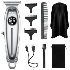 This Kemei hair trimmer kit includes a professional hair clipper with self-sharpening blades, guide combs for different hair lengths, and a long-lasting rechargeable battery.