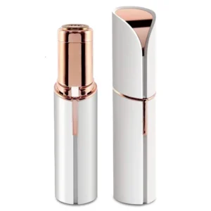 A rose gold and white AABHA facial hair remover provides painless hair removal for smooth and delicate skin.