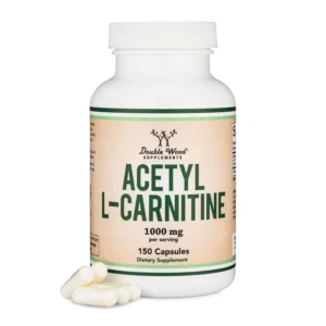 A bottle of Double Wood Acetyl L-Carnitine capsules, a supplement designed to supercharge mitochondria for improved cognitive function, memory, learning, and exercise endurance.