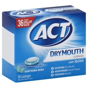 A package of 36 ACT Honey Lemon Dry Mouth Lozenges to soothe dry mouth, moisturize mouth tissue, and freshen breath on the go.
