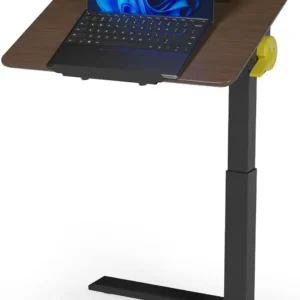 Walnut adjustable bedside table with tilting top and hidden casters, perfect for use as a laptop desk or care table in any room.