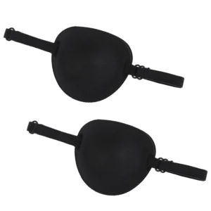 Two adjustable black eye patches for adults and children, suitable for amblyopia treatment, vision training, cosplay, and everyday wear.
