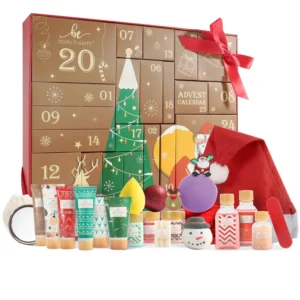 Body & Earth advent calendar filled with 24 days of Christmas beauty gifts like hand lotion and bath bombs for women's skincare during the holidays.