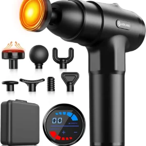 Black AERLANG massage gun with heat function provides deep tissue muscle relief with 20 adjustable speeds for athletes and family.