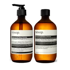 Aesop Geranium Leaf Body Cleanser, a refreshing and invigorating green and citrus scented gel, is a gentle and effective alternative to conventional soap, leaving skin feeling cleansed and revitalized.