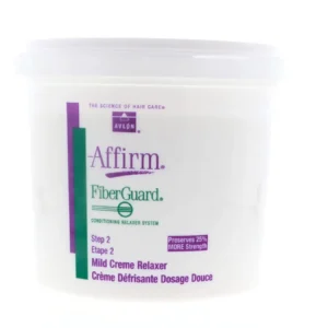 A four-pound tub of Affirm Fiberguard Mild Creme Relaxer, a step 2 conditioning relaxer system intended for professional salon use only.