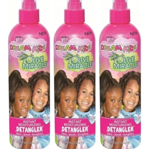 Three bottles of African Pride Dream Kids Olive Miracle Detangler conditioner, each containing 8 ounces, for easy detangling.