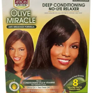 This is an African Pride Olive Miracle Deep Conditioning No-Lye Relaxer Super Kit with 8 applications for hair straightening.