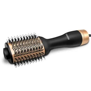 The AGARO volumizer hair dryer features a rose gold and black design with a 24K gold styling surface and a ceramic tourmaline coating brush head for reducing frizz.