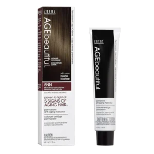 AGE beautiful 5NN medium intense brown hair color dye provides 100% gray coverage and anti-aging benefits for thicker, fuller, and healthier looking hair with biotin.