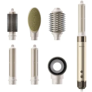 Airbot Hyperstyler gold set for straightening, drying and styling hair, with multiple attachments for creating curls, waves and sleek styles while minimizing frizz and heat damage.