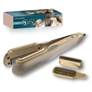 The AirLisse 2-in-1 Champagne Pro air straightener uses airflow and heated plates with keratin ceramic coating to smooth hair, eliminate static with plasma function, and create long-lasting styles.
