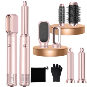 The 6-in-1 airbrush hair styler includes a hair dryer, warm air brush, curling irons, round brush, straightening brush, and heat-resistant glove for versatile styling.